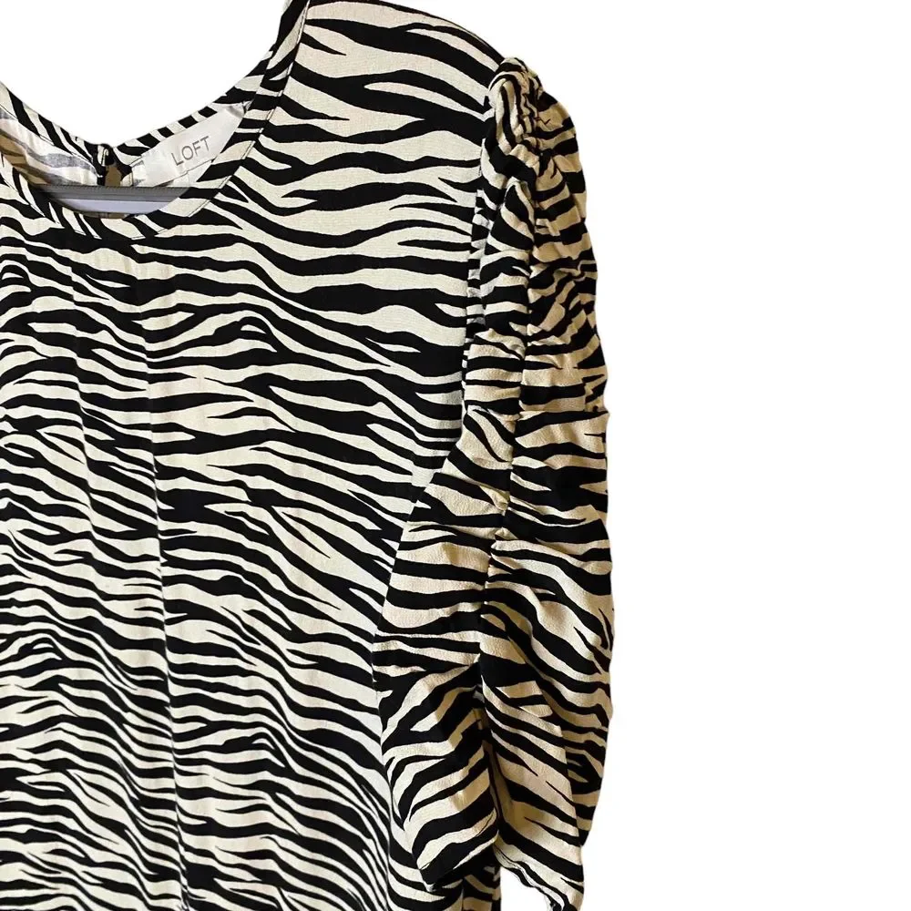 New LOFT Womens‎ Black Beige Zebra Print Cinched Puff Sleeve Size Large